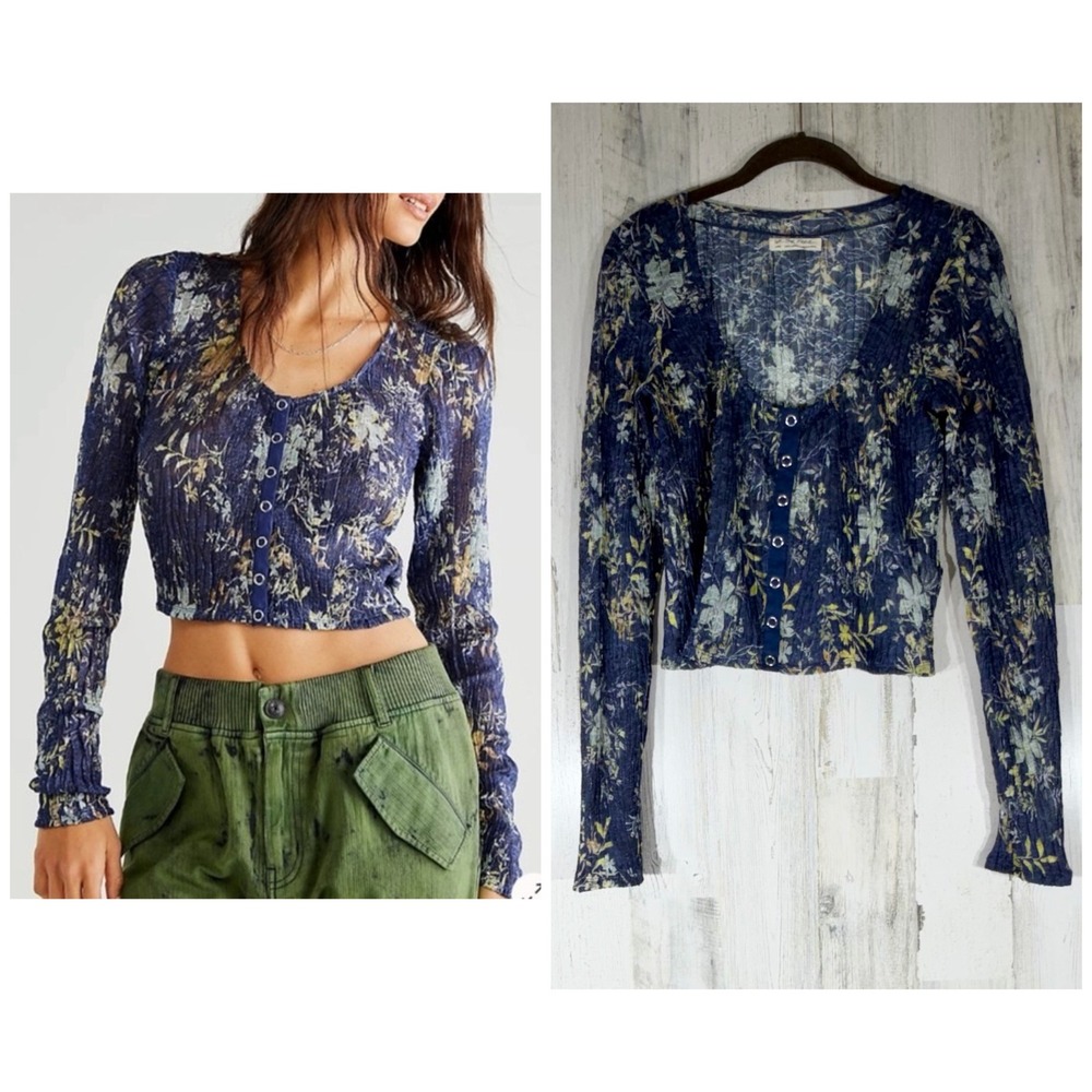 We The Free Angelina Blue Floral Cropped Cardigan Large Snap Front Mesh Sheer